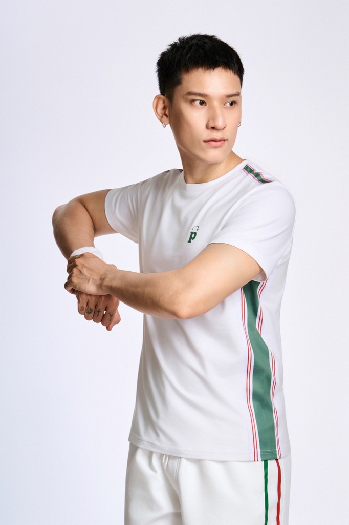 TSHIRT nam basic trắng sọc nâu